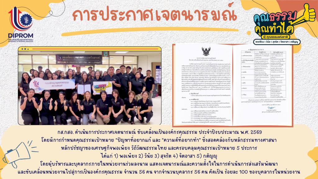 กส.กสอ. เผยแพร่องค์ความรู้ การส่งเสริมคุณธรรมจริยธรรมประจำหน่วยงาน ประจำปีงบประมาณ พ.ศ. 2569