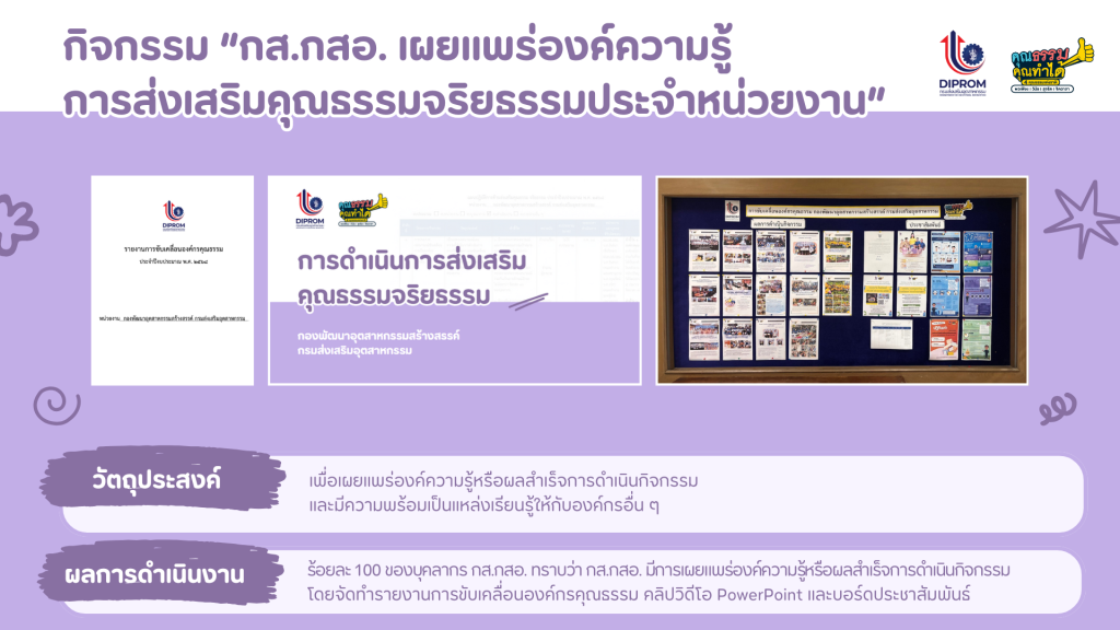 กิจกรรม “กส.กสอ. เผยแพร่องค์ความรู้  การส่งเสริมคุณธรรมจริยธรรมประจำหน่วยงาน”