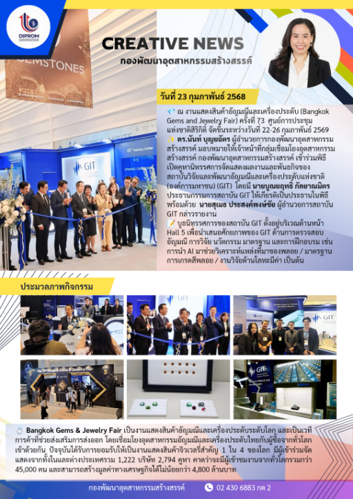 ดร.นันท์ บุญยฉัตร ผู้อำนวยการกองพัฒนาอุตสาหกรรมสร้างสรรค์ มอบหมายให้เจ้าหน้าที่กลุ่มเชื่อมโยงอุตสาหกรรมสร้างสรรค์ เข้าร่วมพิธีเปิดคูหานิทรรศการจัดแสดงผลงานและพันธกิจของสถาบันวิจัยและพัฒนาอัญมณีและเครื่องประดับแห่งชาติ (องค์การมหาชน)