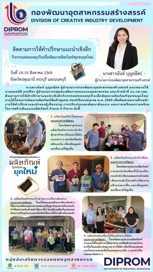 นางสาวนันท์ บุญยฉัตร ผู้อำนวยการกองพัฒนาอุตสาหกรรมสร้างสรรค์ มอบหมายให้ นายอมรนันต์ คงปรีชา ผู้อำนวยการกลุ่มส่งเสริมการออกแบบอุตสาหกรรม และเจ้าหน้าที่ ติดตามการให้คำปรึกษาแนะนำเชิงลึกกิจกรรมต่อยอดธุรกิจเพื่อพัฒนาผลิตภัณฑ์ชุมชนยุคใหม่